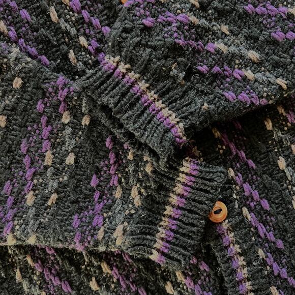 Vintage Chunky Hand Knit Striped Cardigan Sweater Black Purple Grandpa L Preppy - Picture 7 of 11